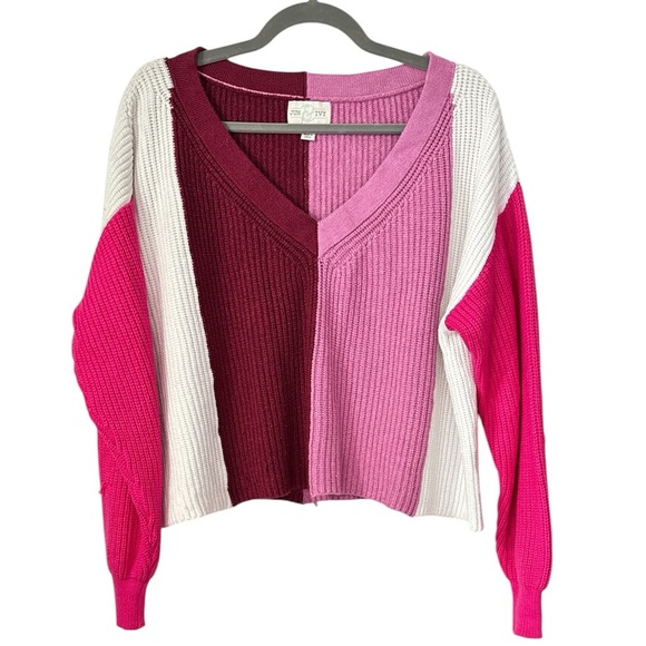Francesca’s Jun & Ivy Colorblock V-Neck Cropped Sweater - Picture 1 of 5